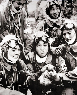 Five kamikaze pilots playing with a puppy_ May 26_ 1945.jpg